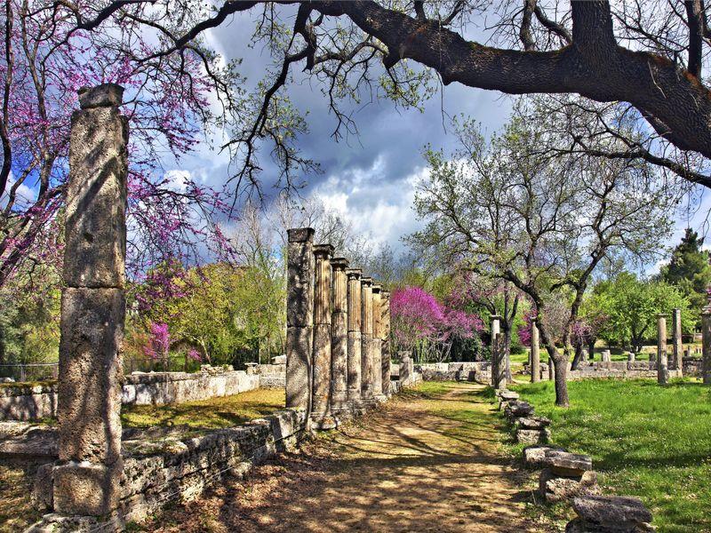  The Palaestra at the archaeological site of Ancient Olympia (UNESCO World Heritage Site), the birthplace of the Olympic Games, Ilia, Peloponnese, Greece.